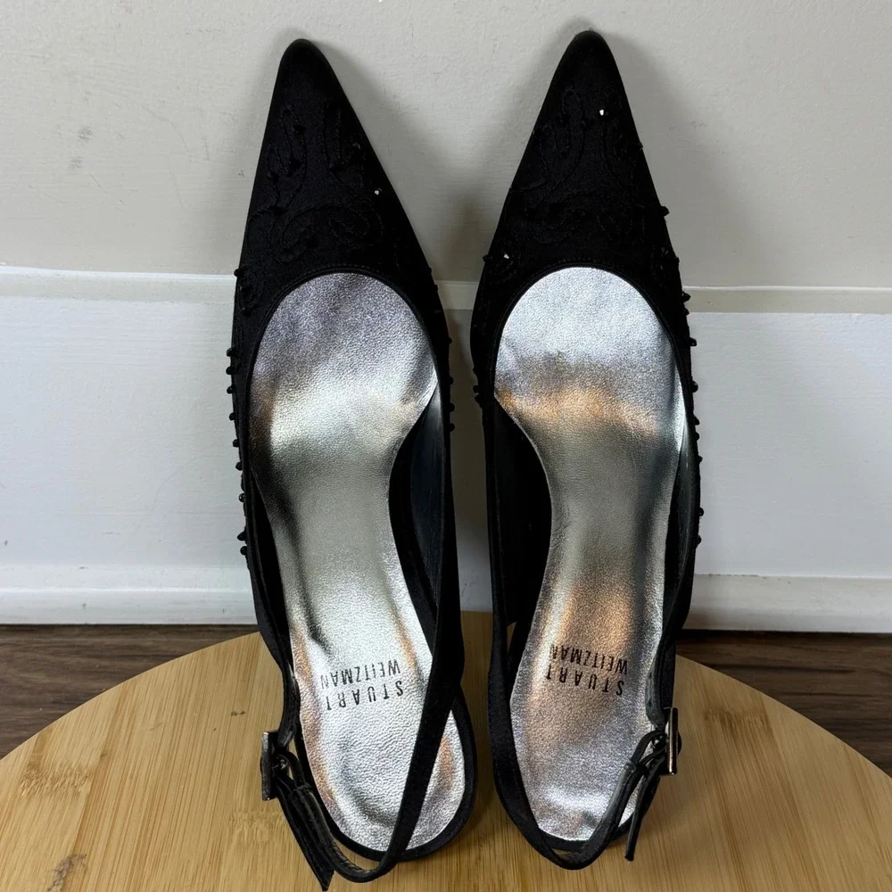 Stuart Weitzman Slingback Heels Women 6.5M Black Beaded Embroidered Eveningwear